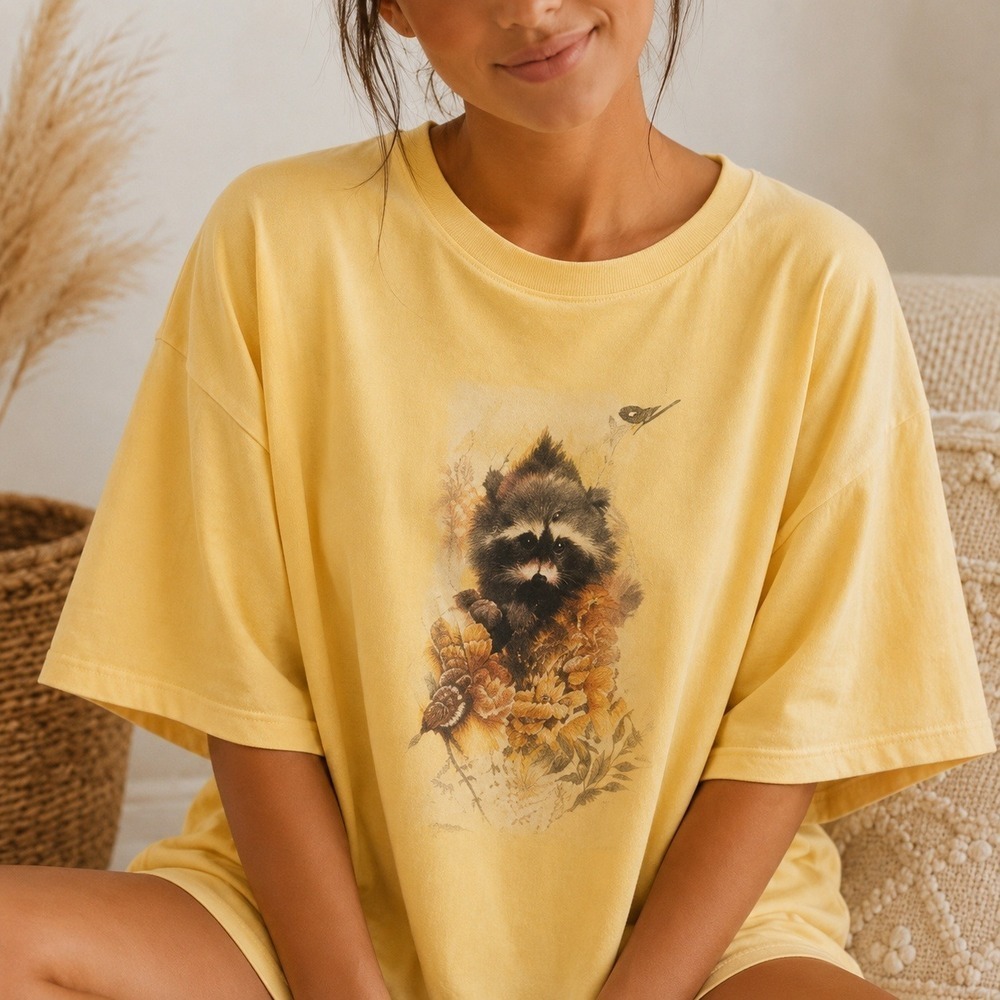 Vintage 1996 Giordano Raccoon Graphic T-Shirt Tultex Yellow Cotton XL